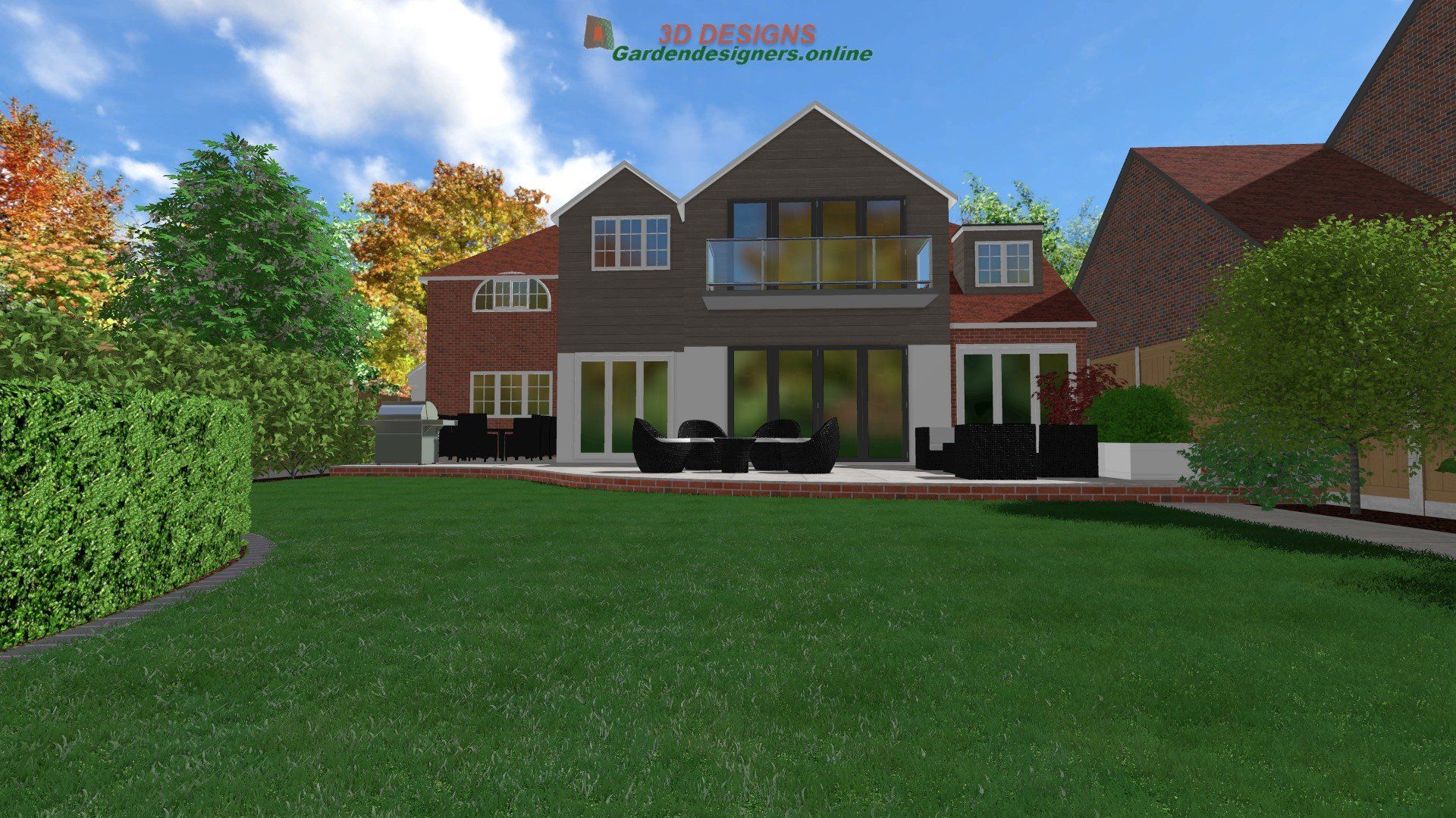 An artist 's impression of a house with a large lawn in front of it