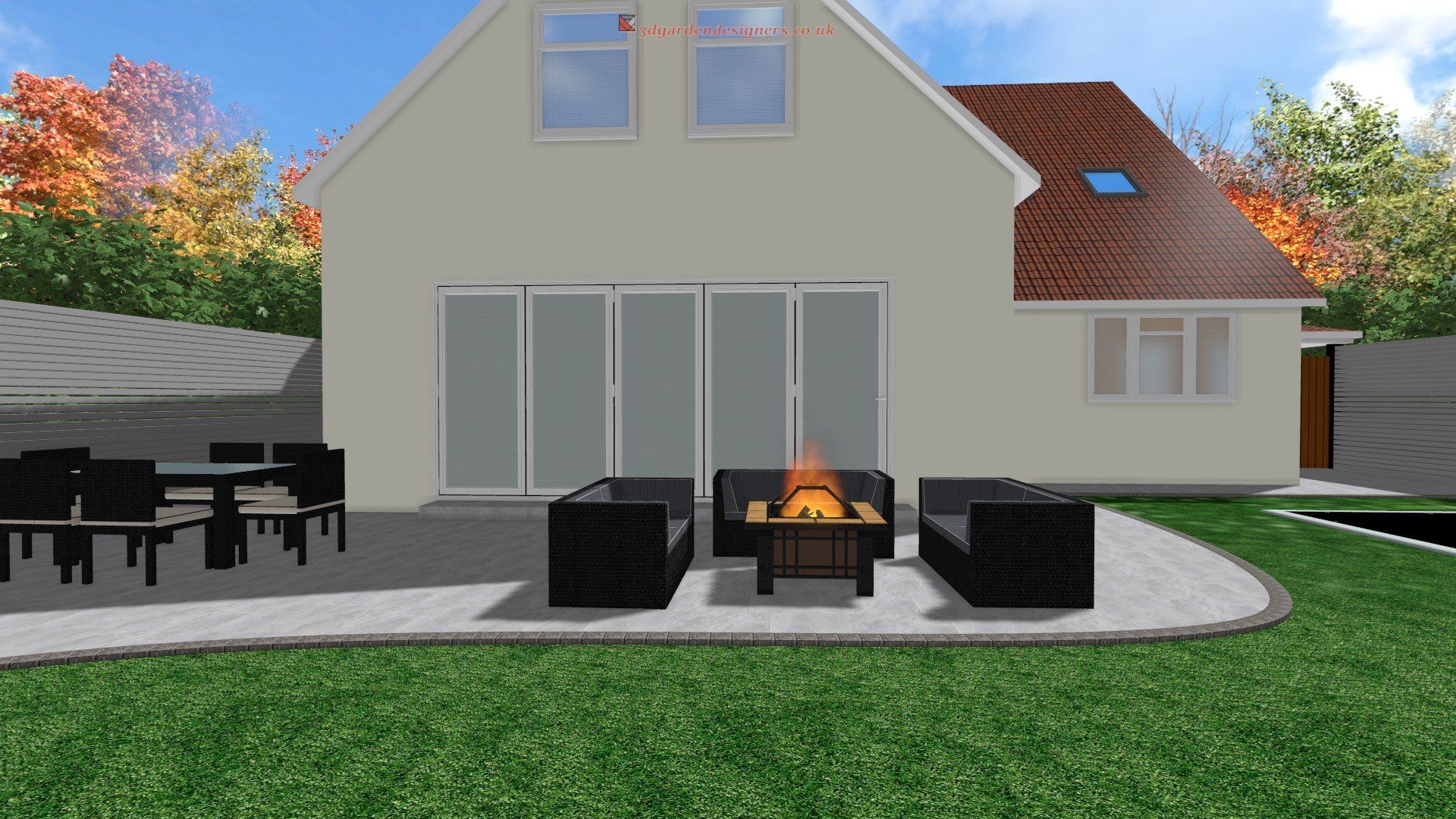 A computer generated image of a house with a fire pit in the backyard