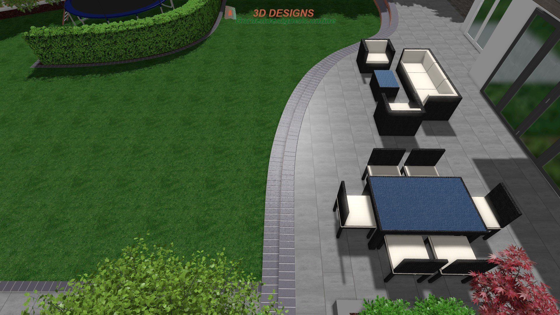 An aerial view of a patio with a table and chairs.