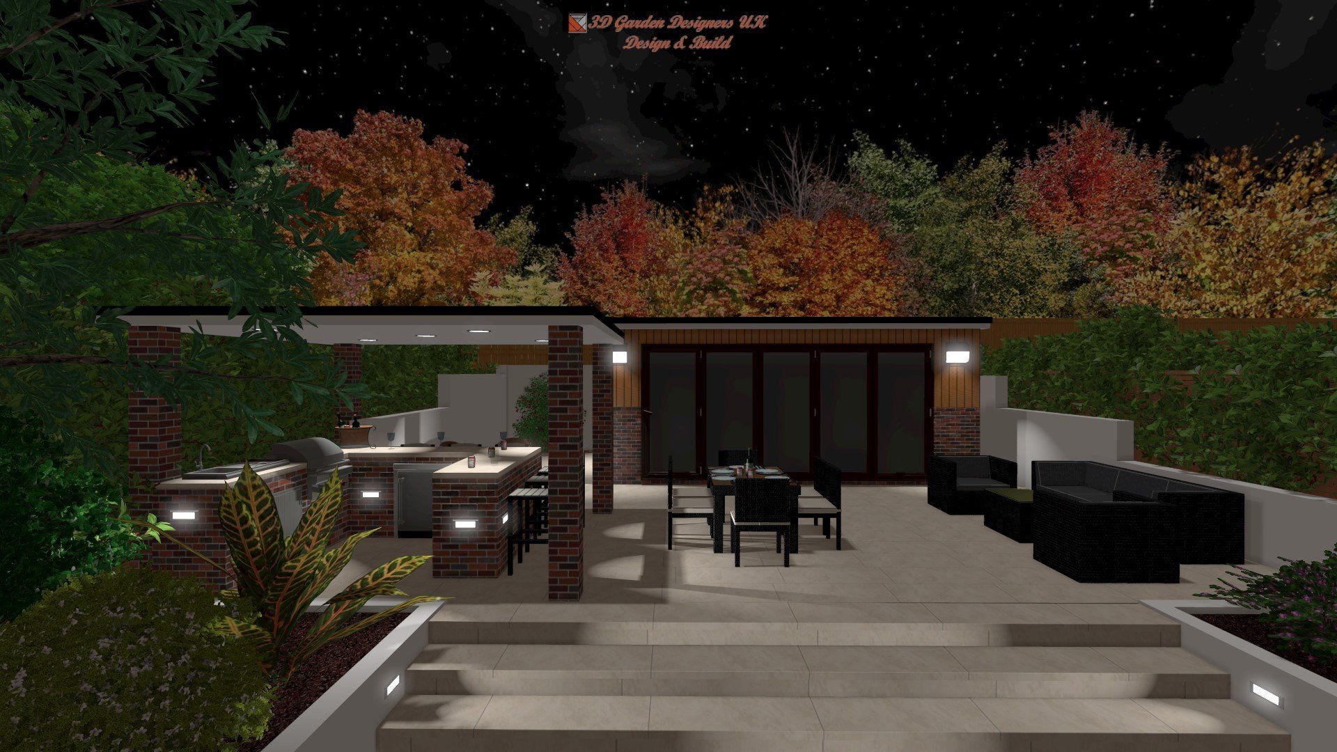 A computer generated image of a patio at night