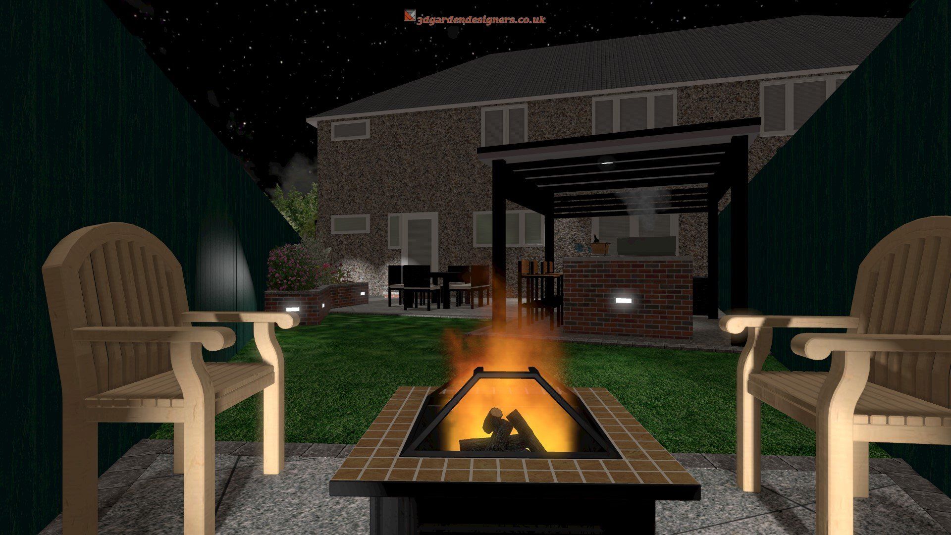A fire pit in a backyard with chairs and a house in the background.