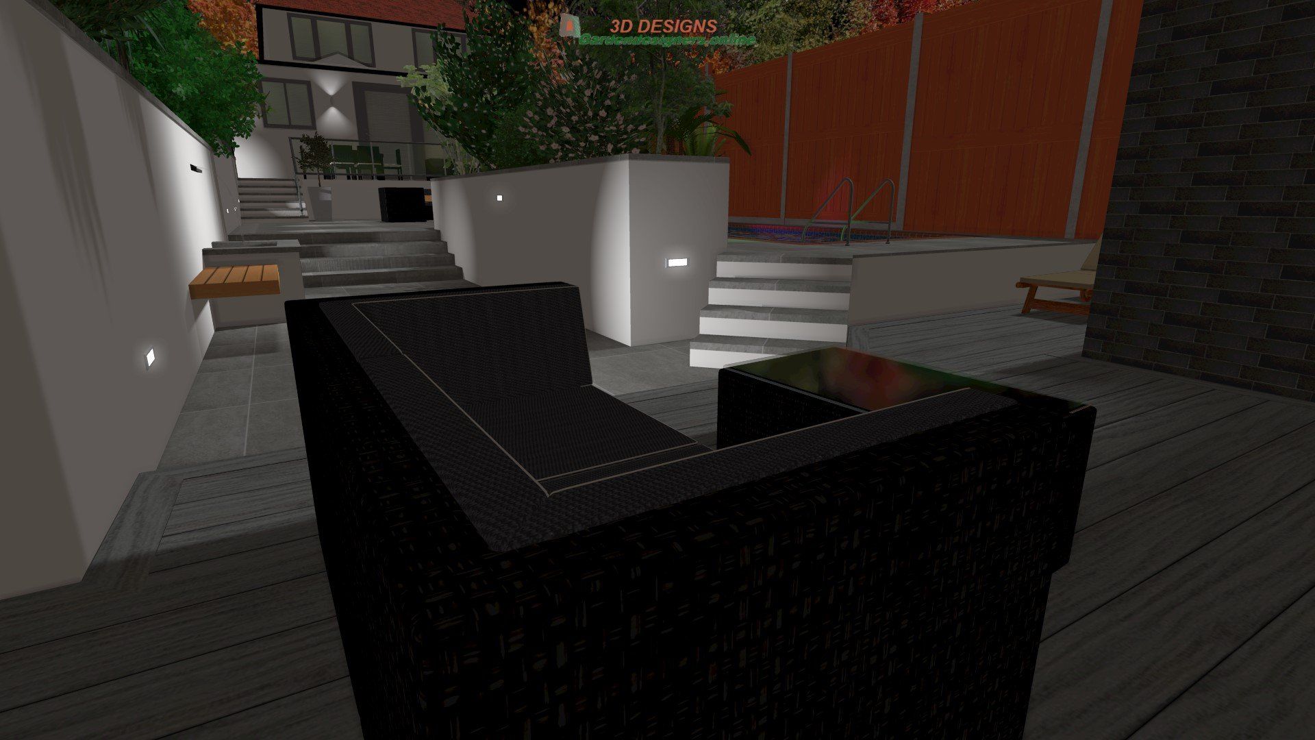 A black chair is sitting on a wooden deck in a video game.