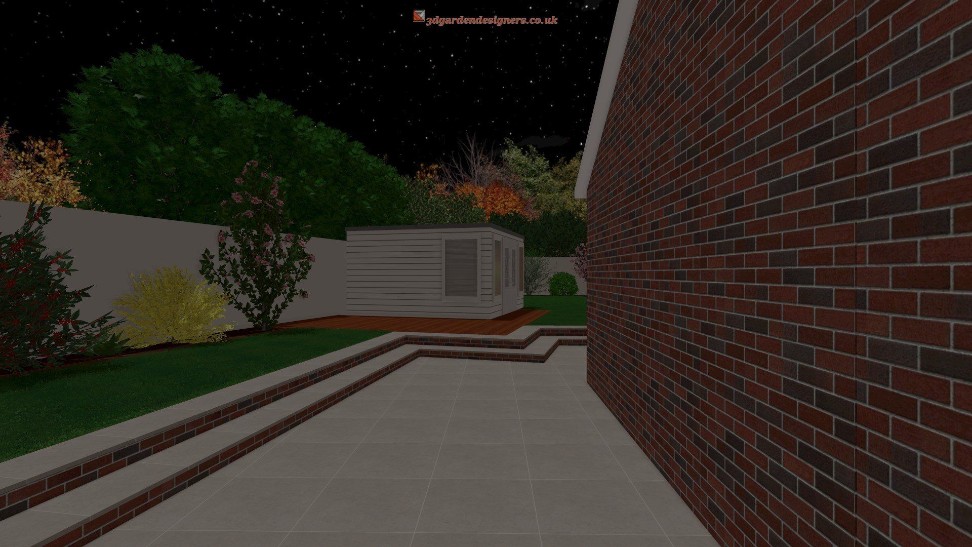 A computer generated image of a brick wall with a white building in the background.