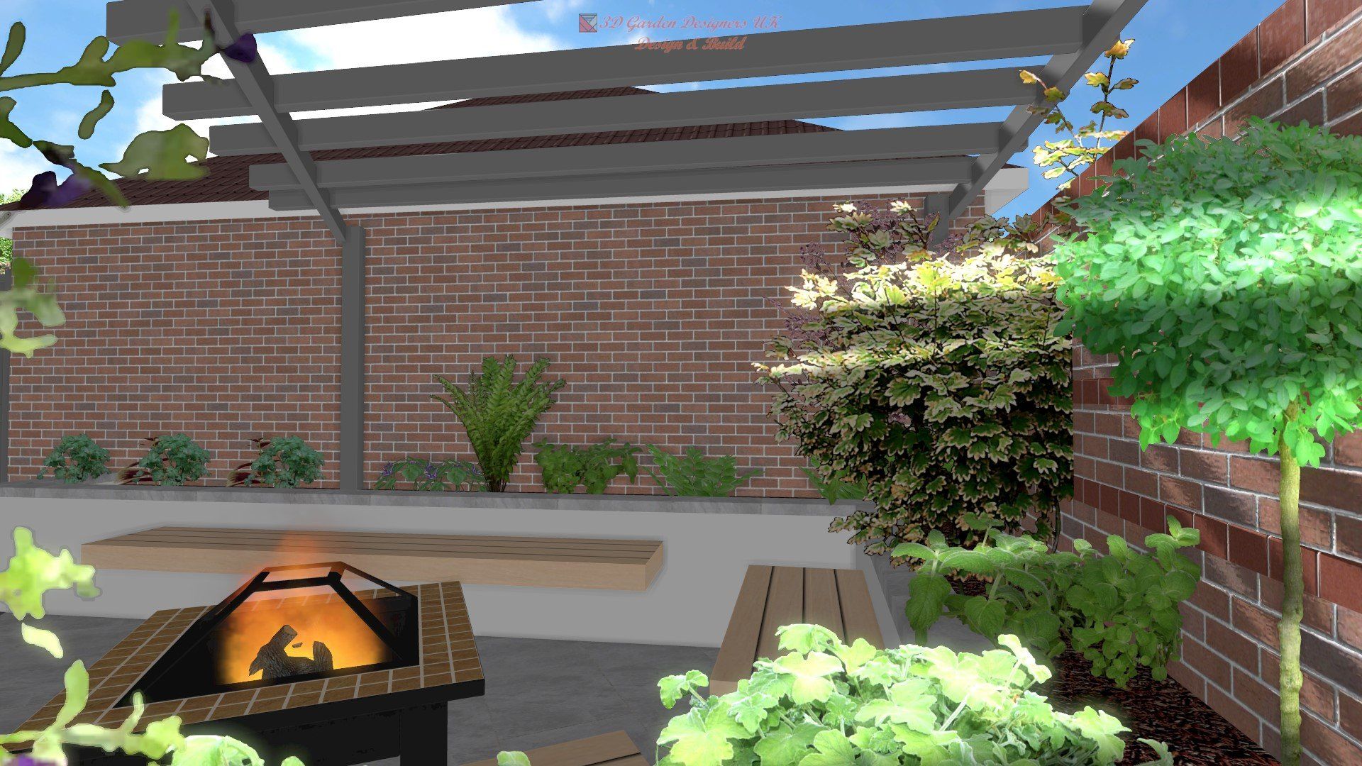 A 3d rendering of a patio with a fire pit and a pergola.