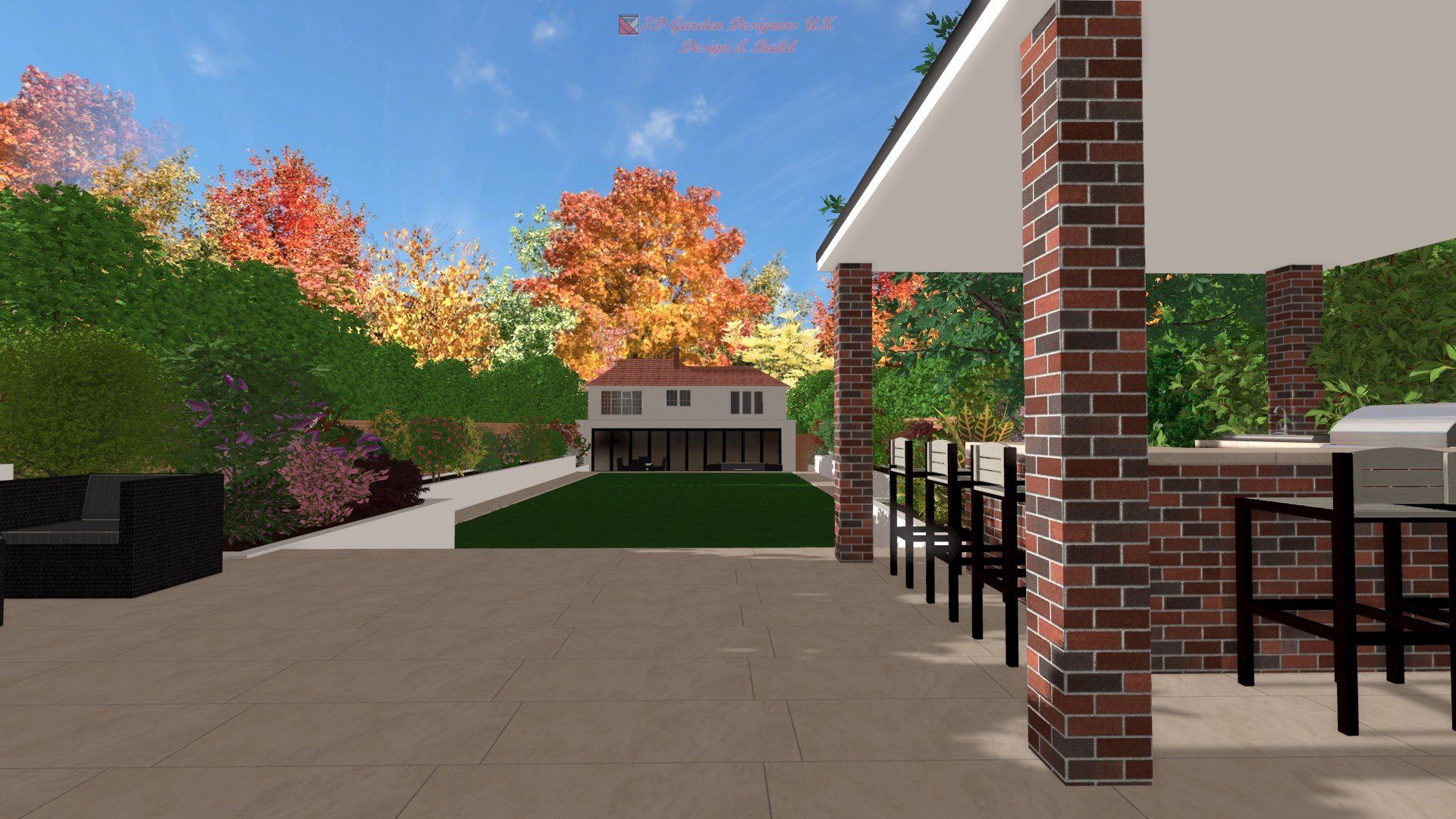 A computer generated image of a patio with a brick wall