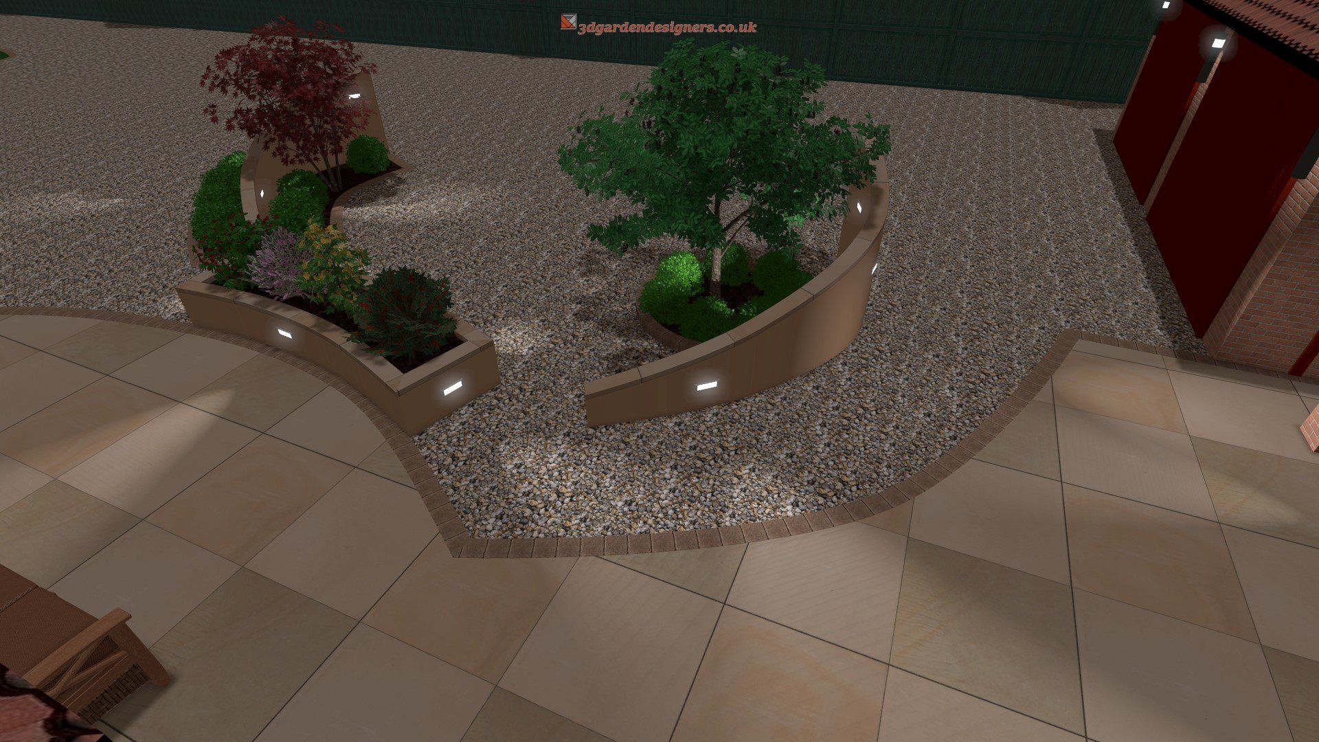 A computer generated image of a garden with a tree in the middle.