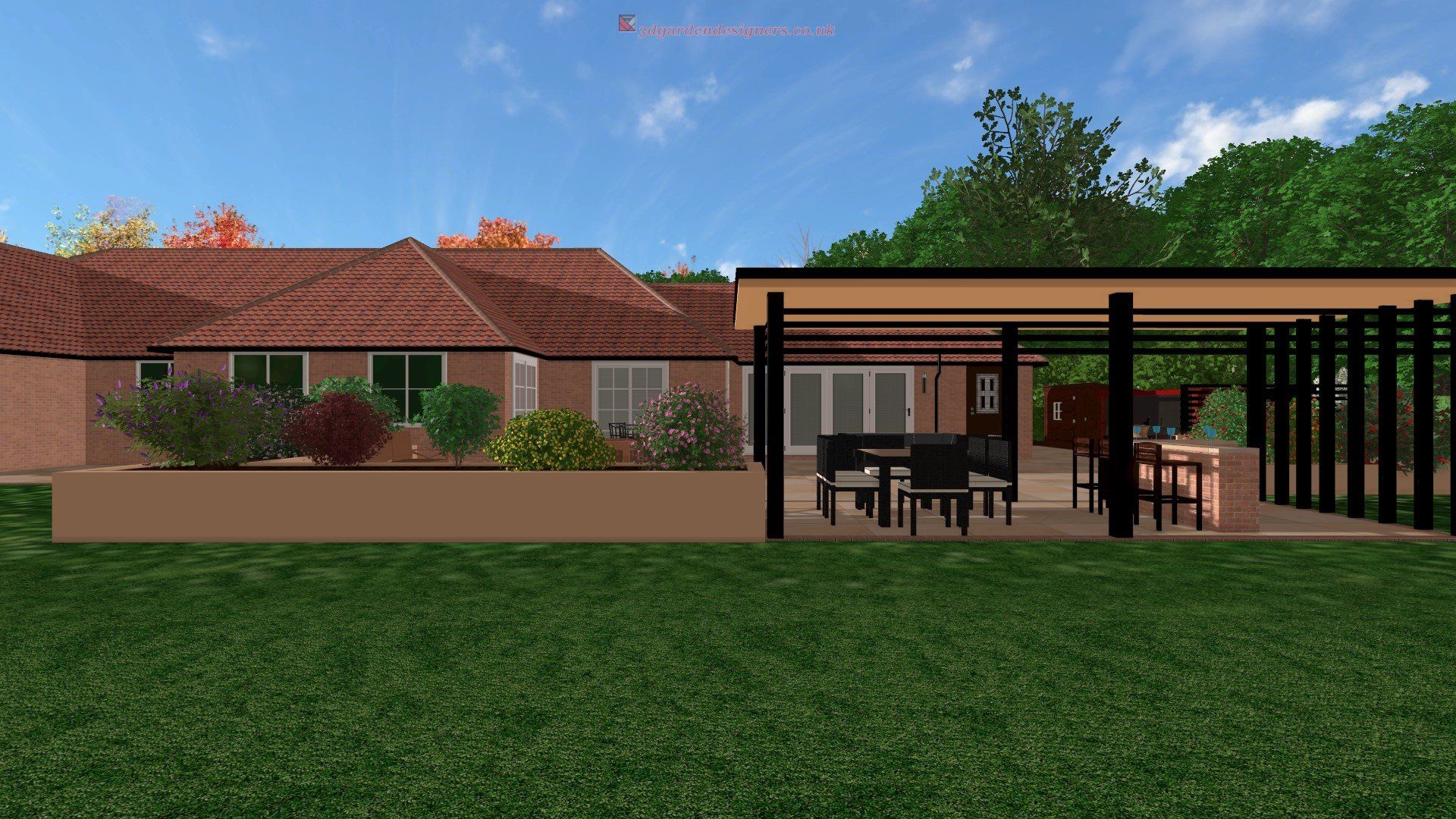 A computer generated image of a house with a pergola in the backyard.