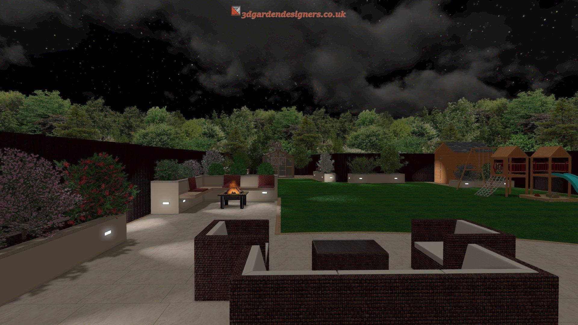 A computer generated image of a backyard at night