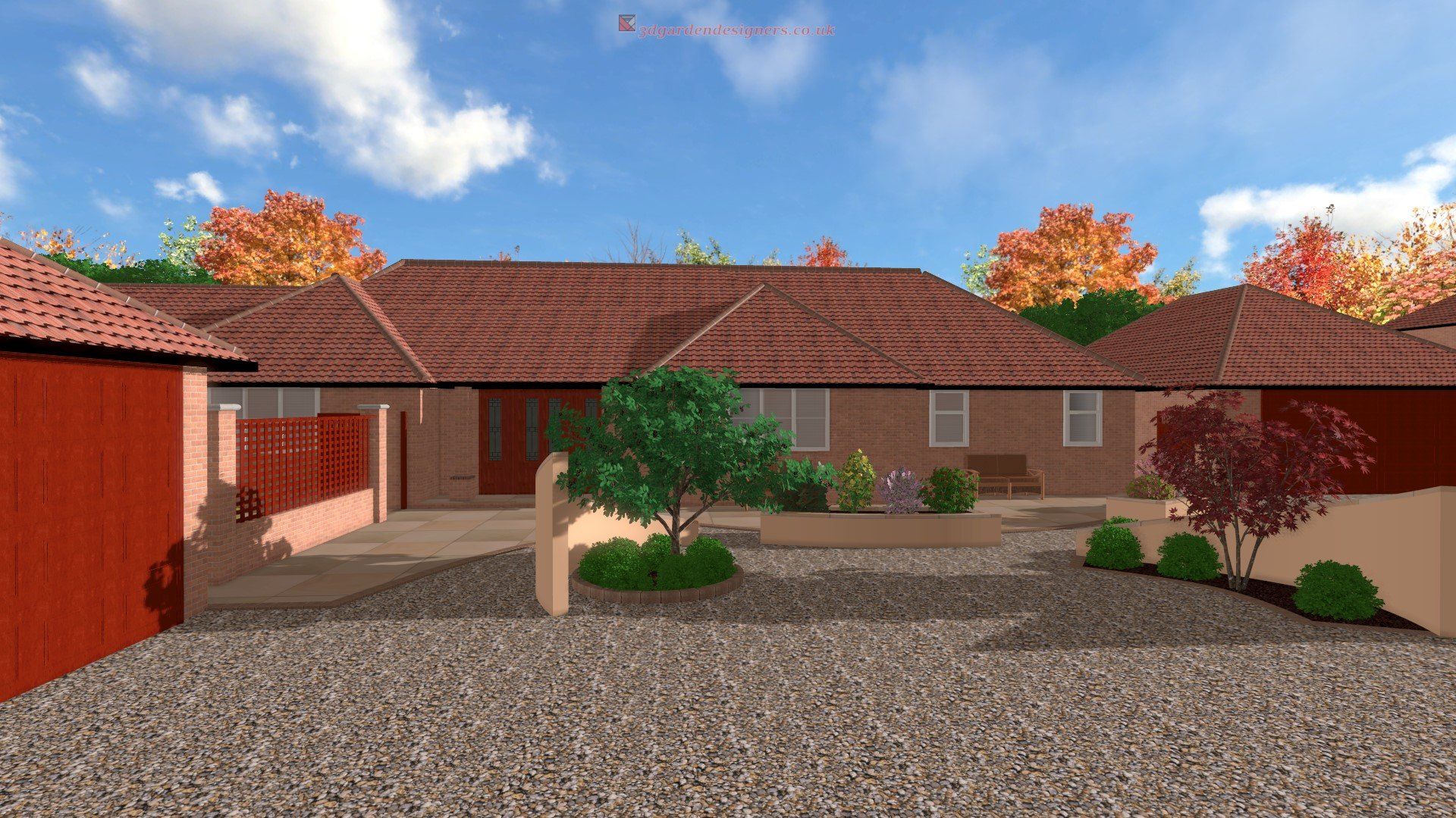 A computer generated image of a house with a red roof and a gravel driveway.