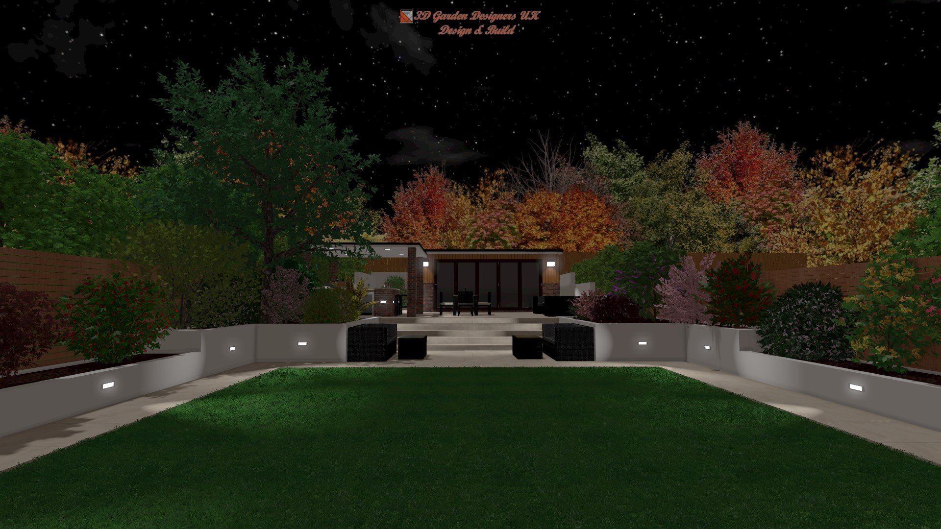 A computer generated image of a garden at night