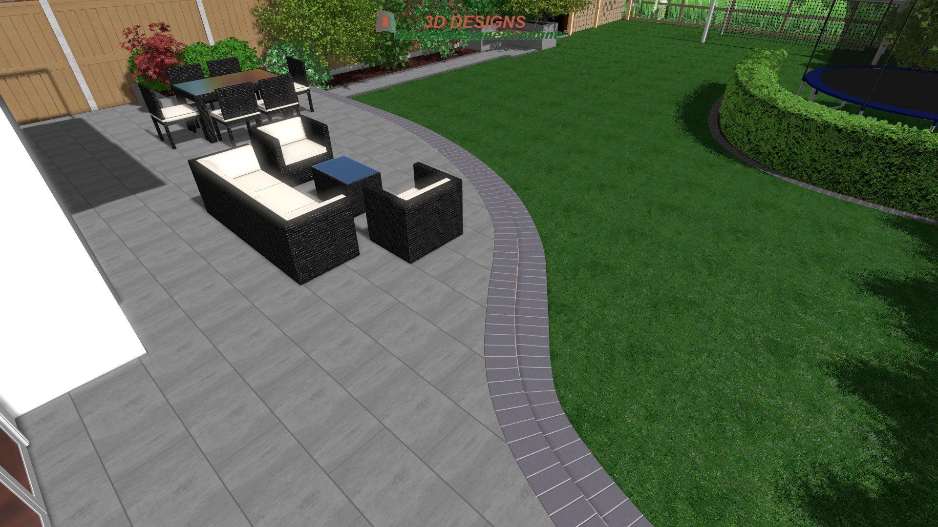 A computer generated image of a patio with a table and chairs.