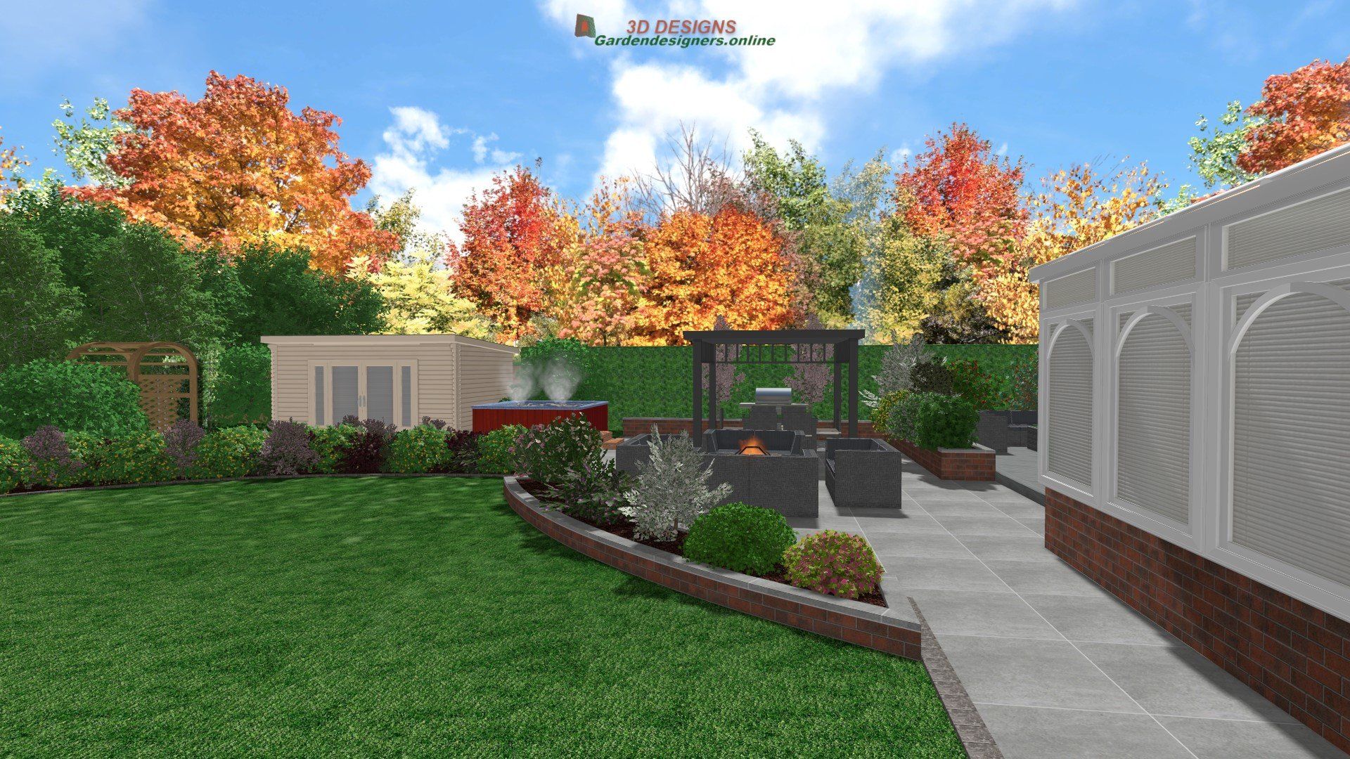A computer generated image of a backyard with a patio and trees