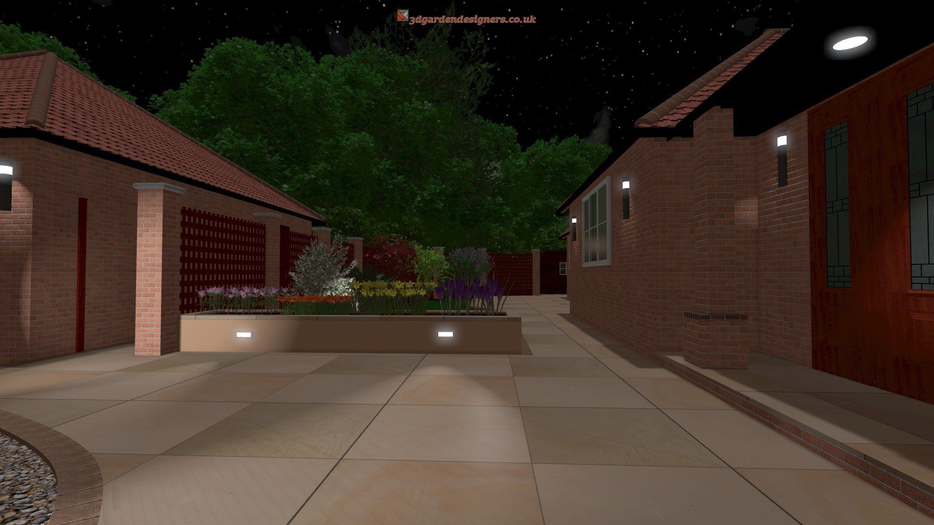 A computer generated image of a brick house at night