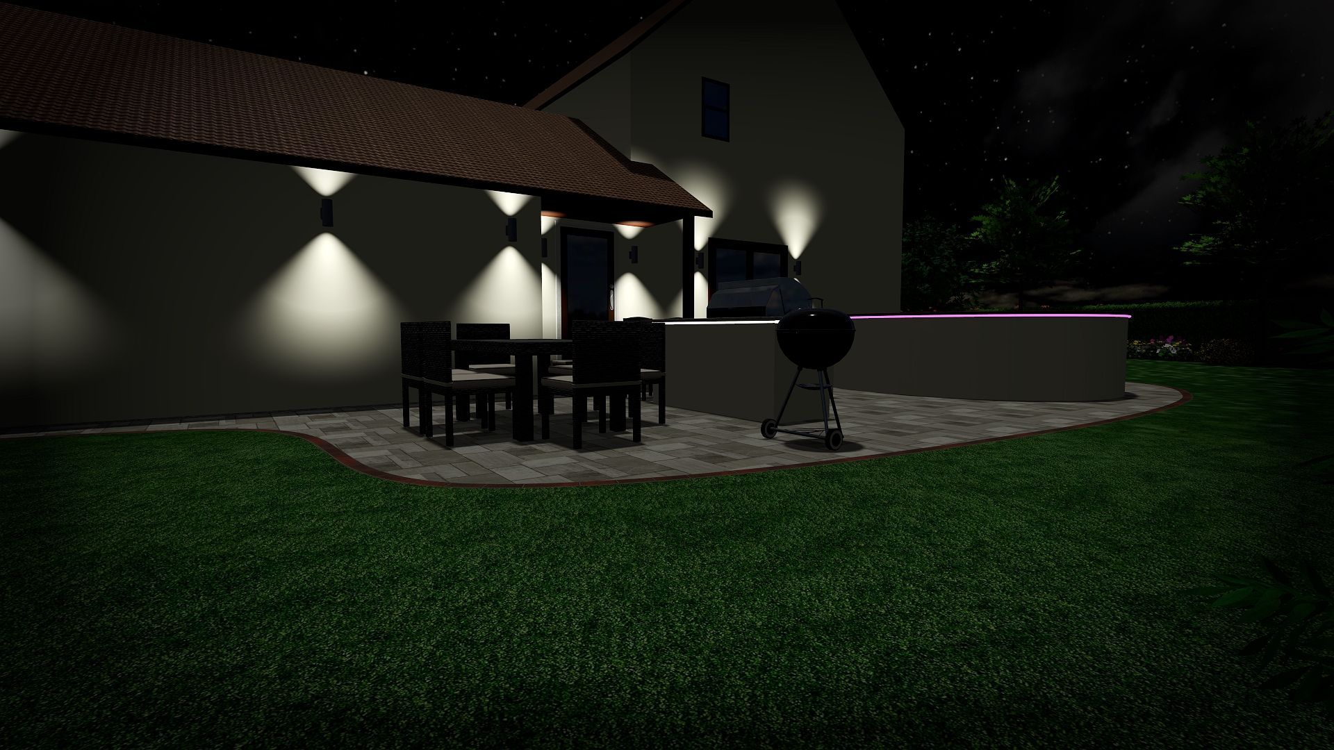 A 3d rendering of a backyard at night with a table and chairs and a grill.