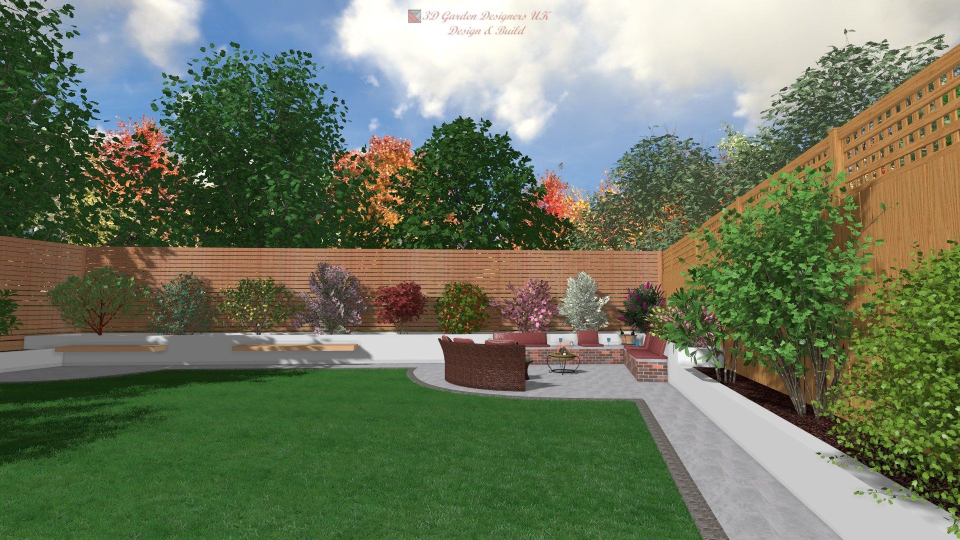 A computer generated image of a backyard with a wooden fence
