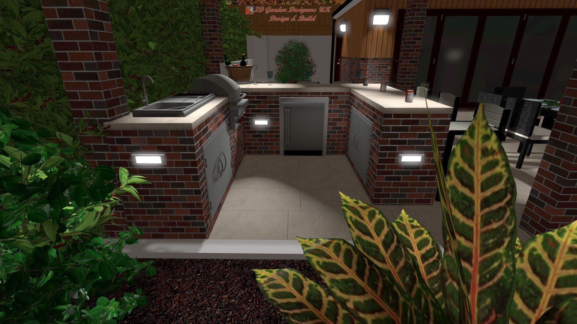 A 3d rendering of a brick outdoor kitchen with a grill and a sink.