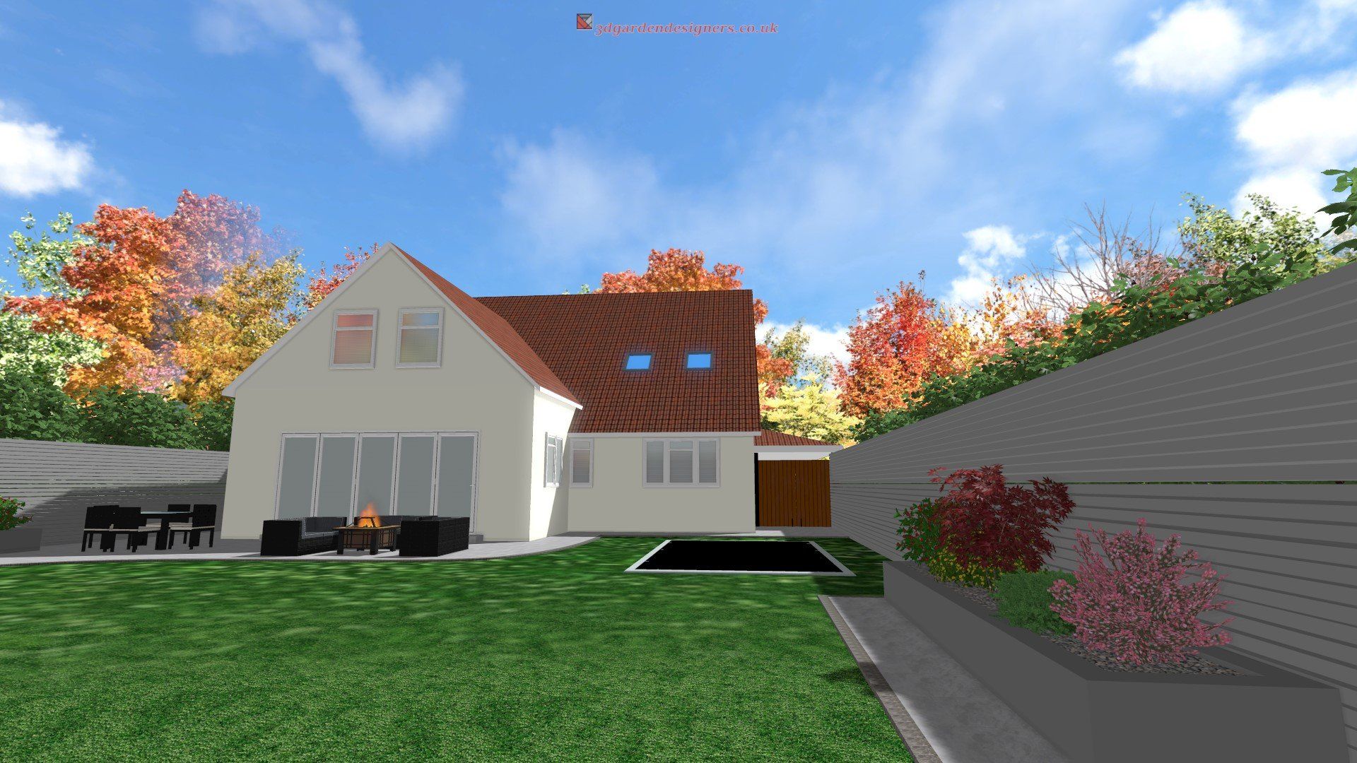 A computer generated image of a house with a large lawn in front of it