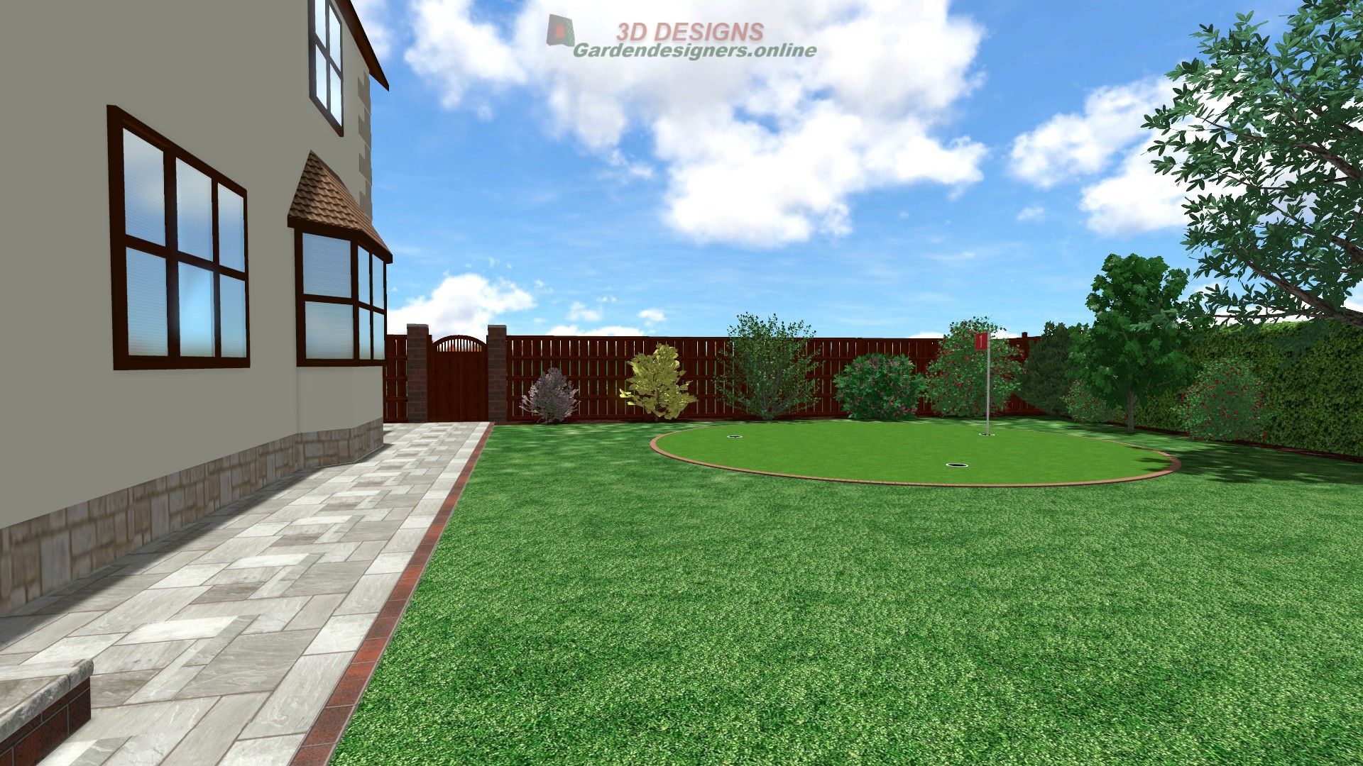A computer generated image of a house and a lush green lawn