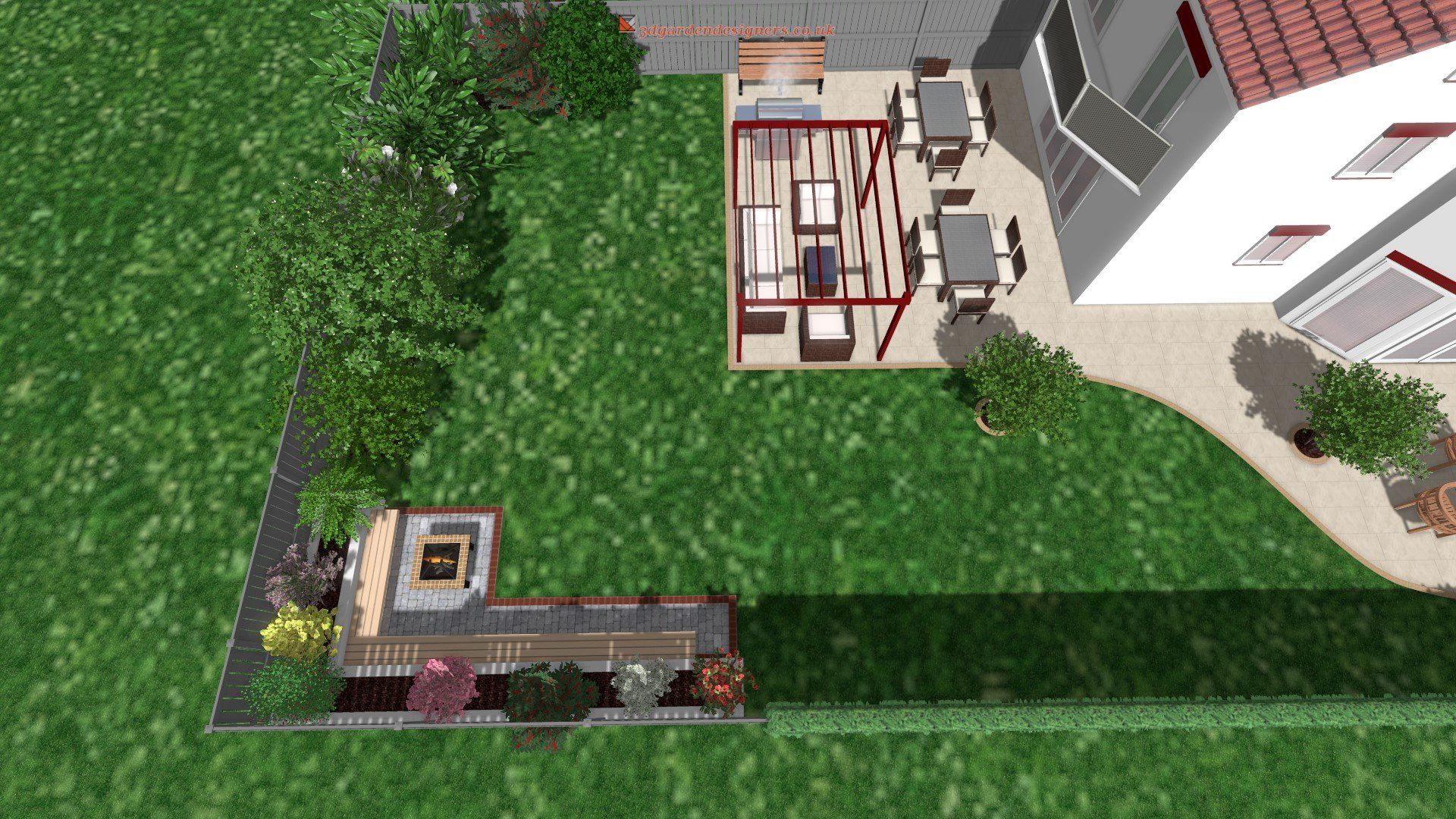 An aerial view of a house with a patio in the backyard