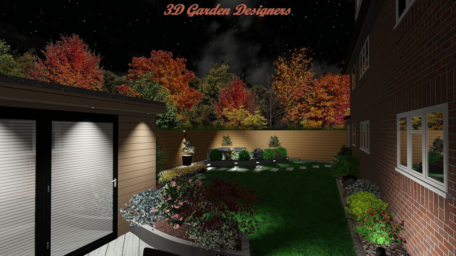 A computer generated image of a garden at night
