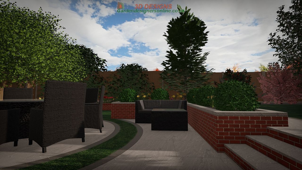 A computer generated image of a backyard with a couch and chairs