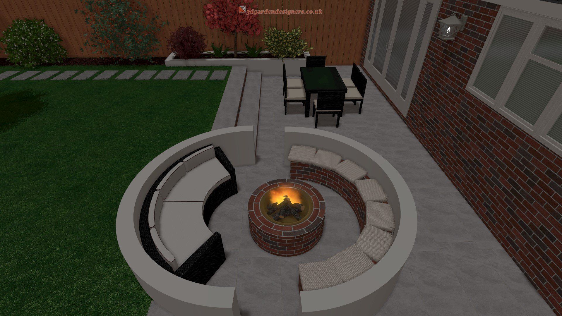 There is a fire pit in the middle of the patio.