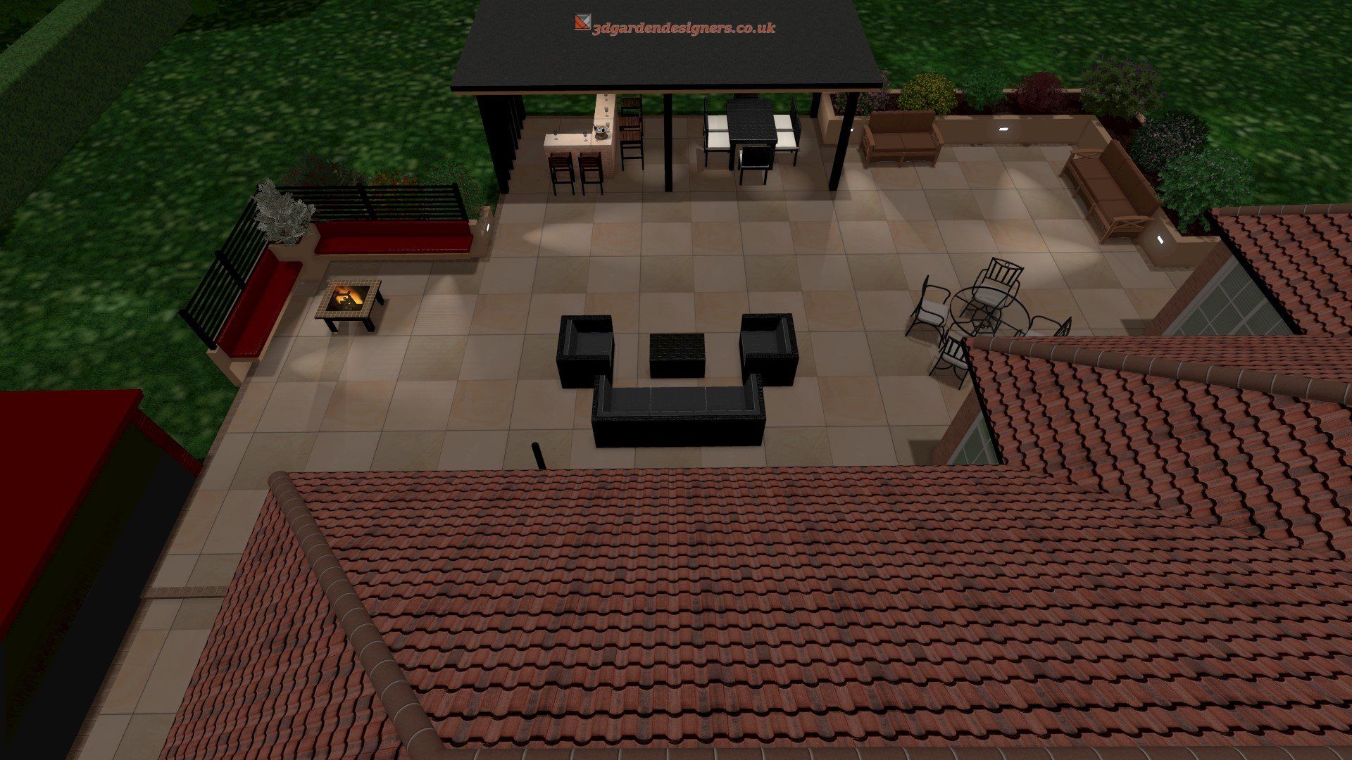 An aerial view of a house with a patio and a gazebo.