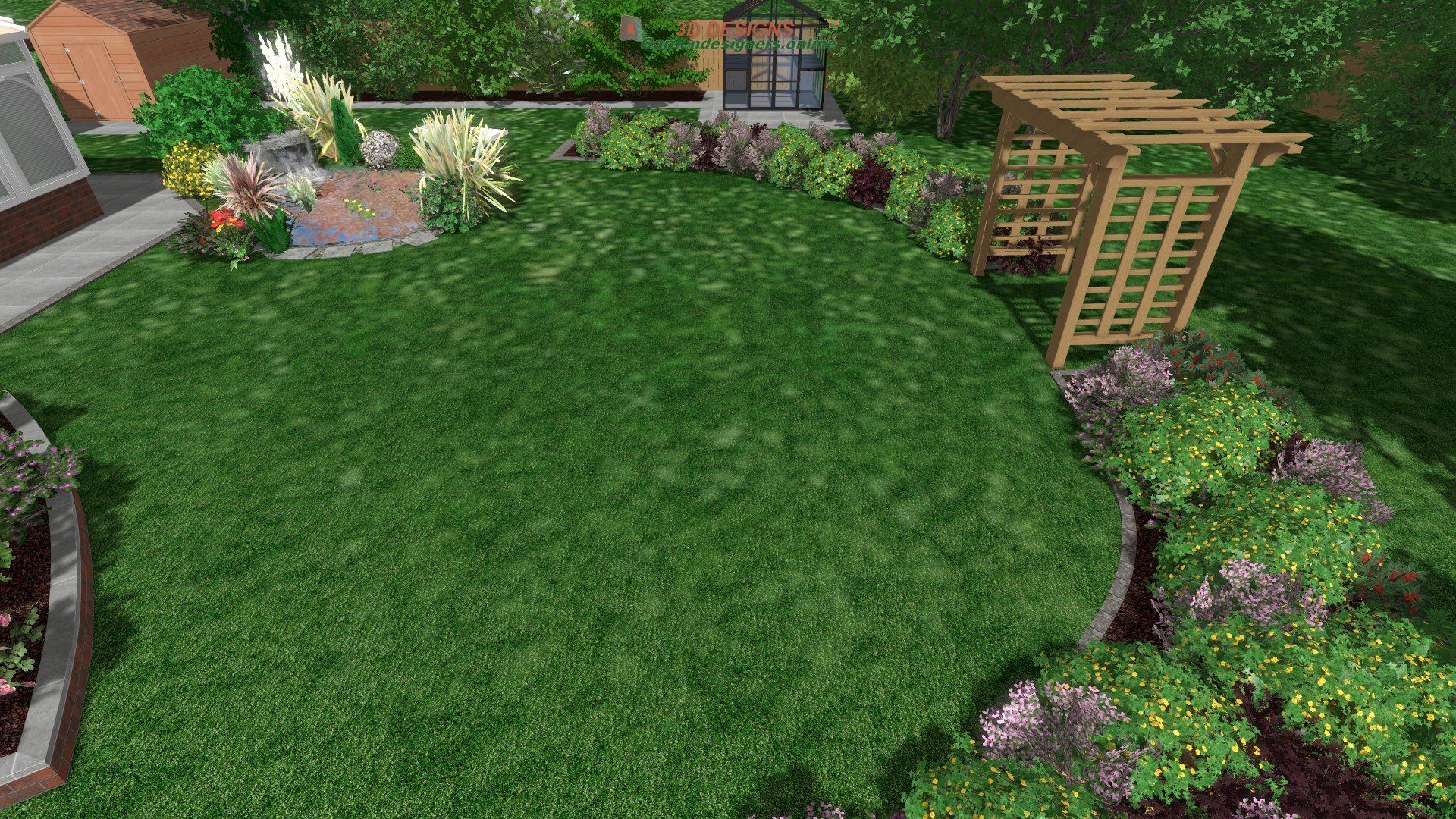 A computer generated image of a lush green lawn with a pergola.