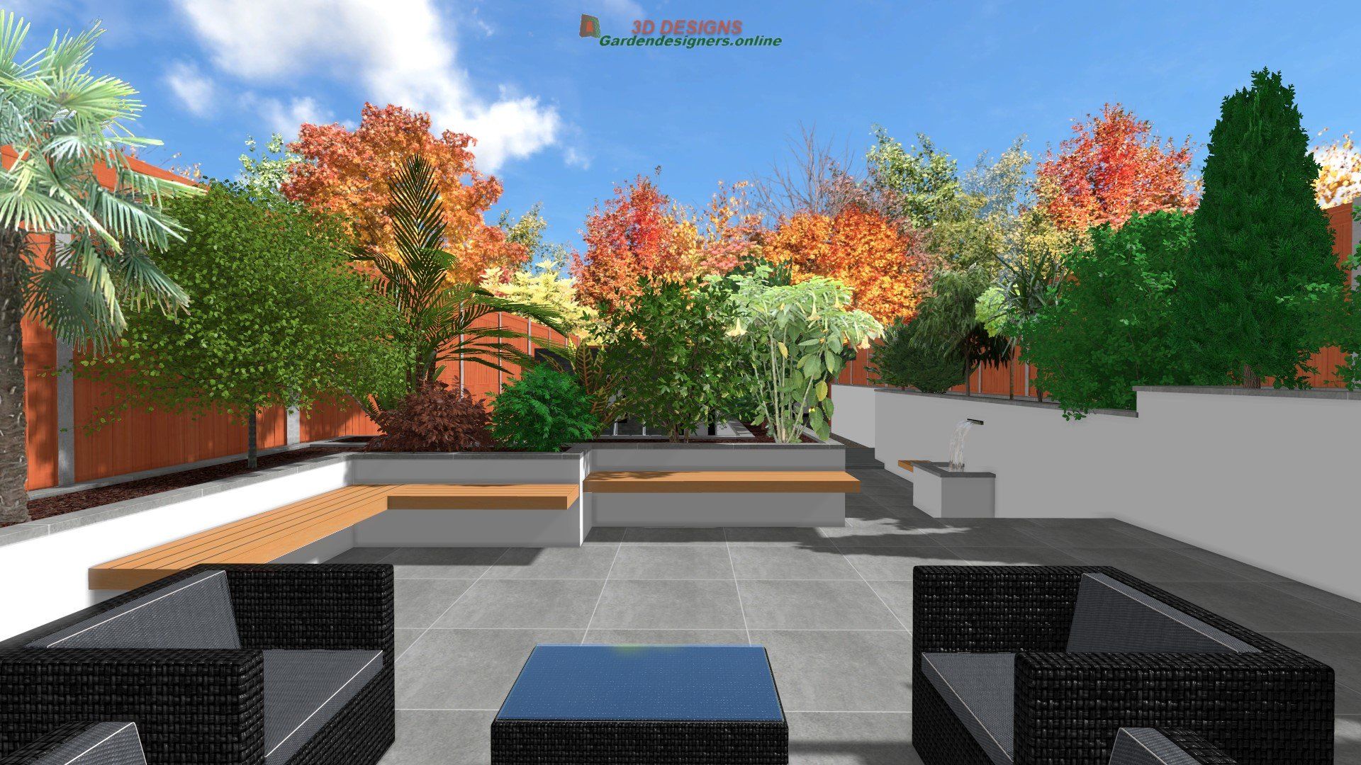 A computer generated image of a patio with furniture and trees