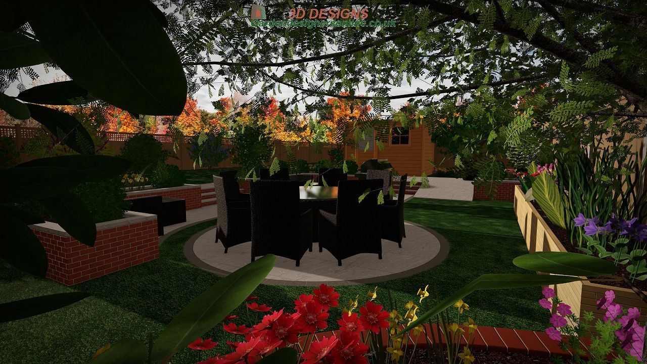 There is a table and chairs in the middle of the garden.