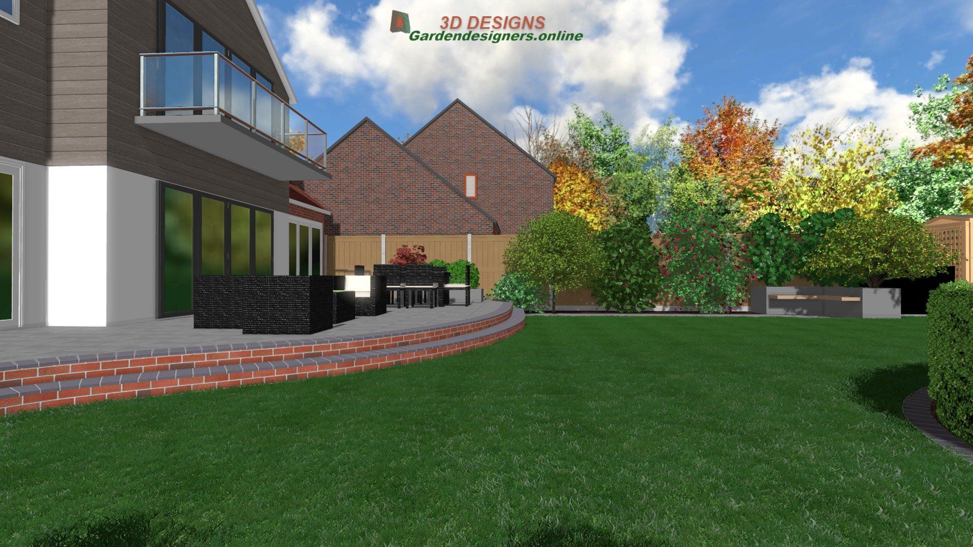 A computer generated image of a house with a large lawn in front of it.