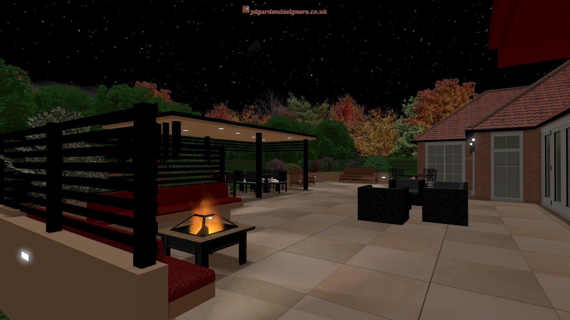 A computer generated image of a patio with a fire pit