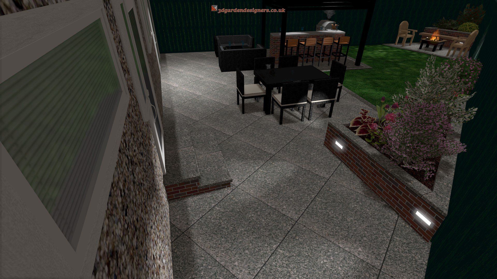 A computer generated image of a patio with a table and chairs.