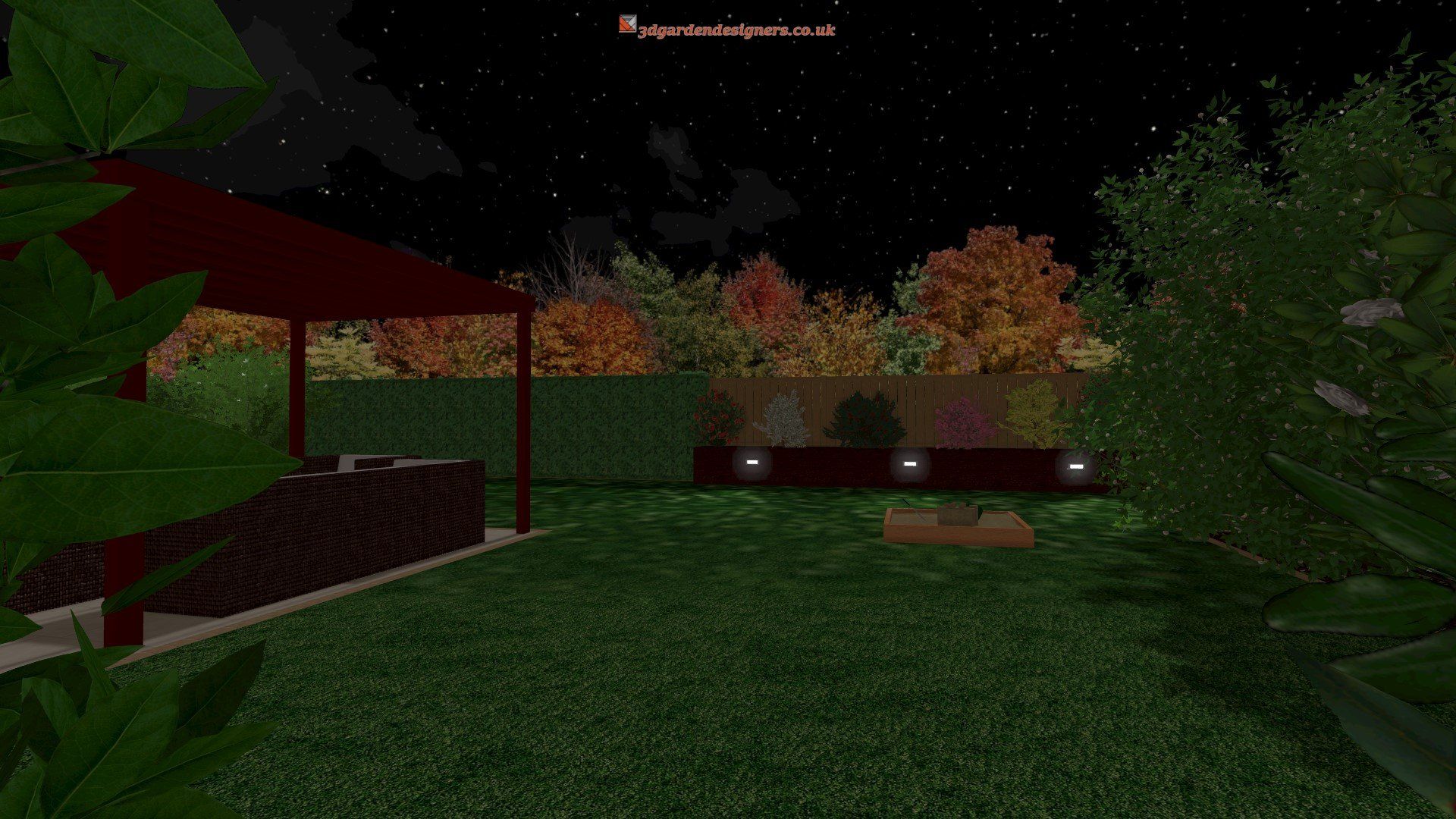 A computer generated image of a backyard at night with a gazebo and trees.