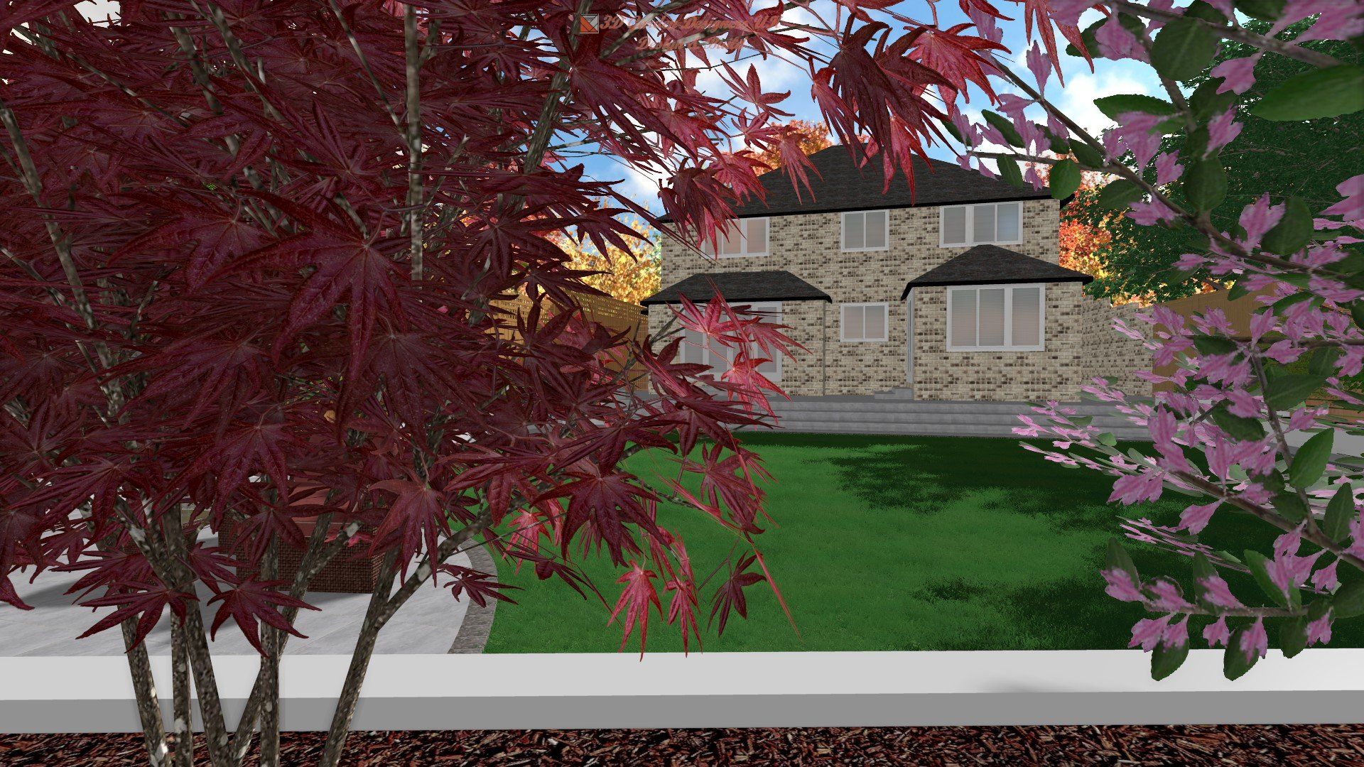 A computer generated image of a house with trees in front of it