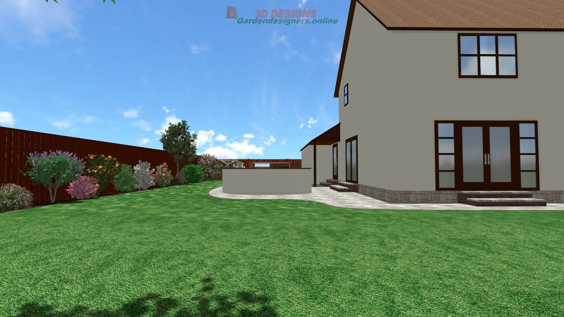 A computer generated image of a house with a large lawn in front of it.
