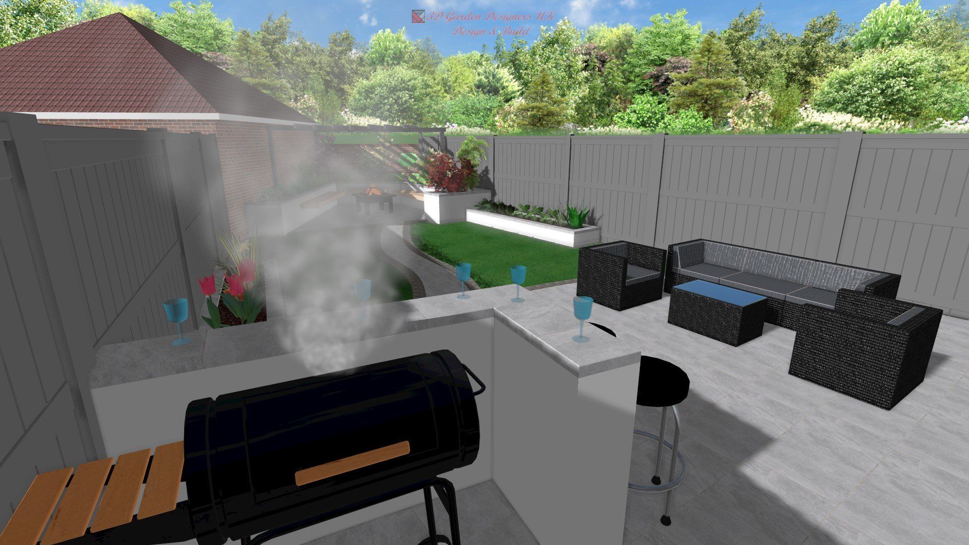A computer generated image of a patio with a grill and furniture.