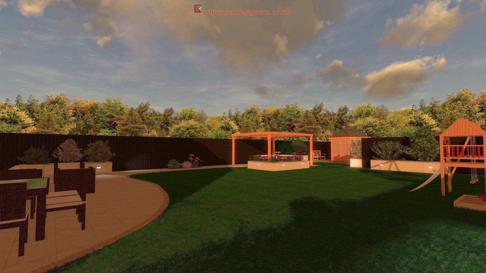 A computer generated image of a backyard with a playground and a patio.