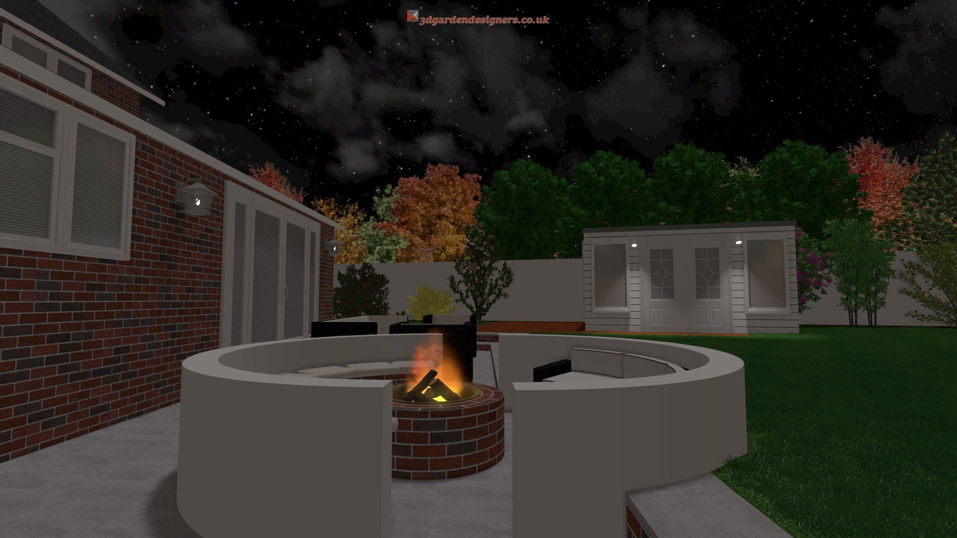 There is a fire pit in the middle of the backyard.