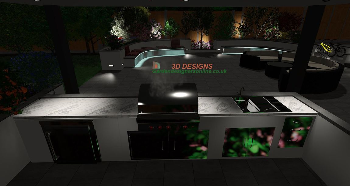 A computer generated image of a kitchen with a grill and a pool.