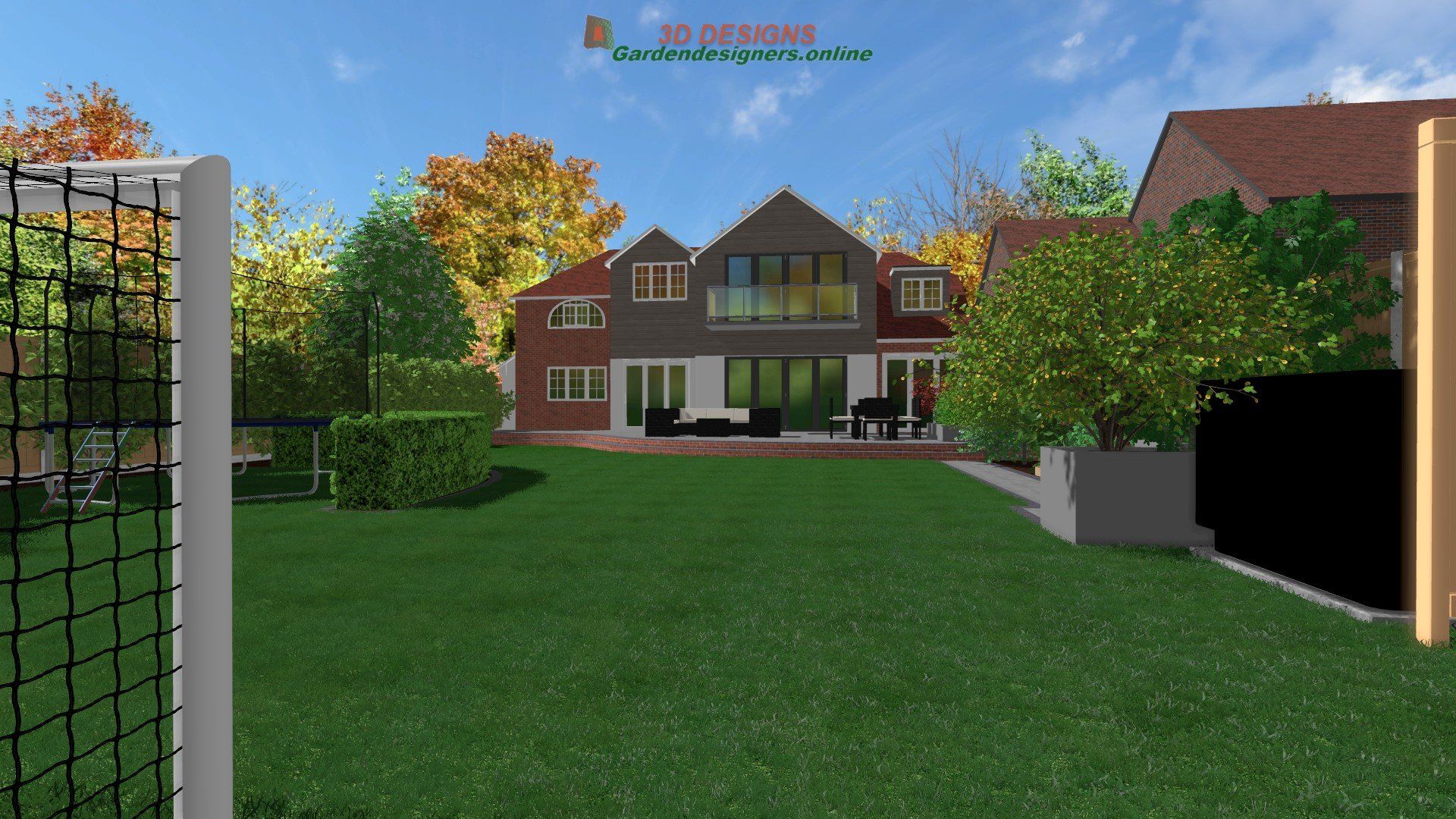 A rendering of a house with a soccer goal in front of it