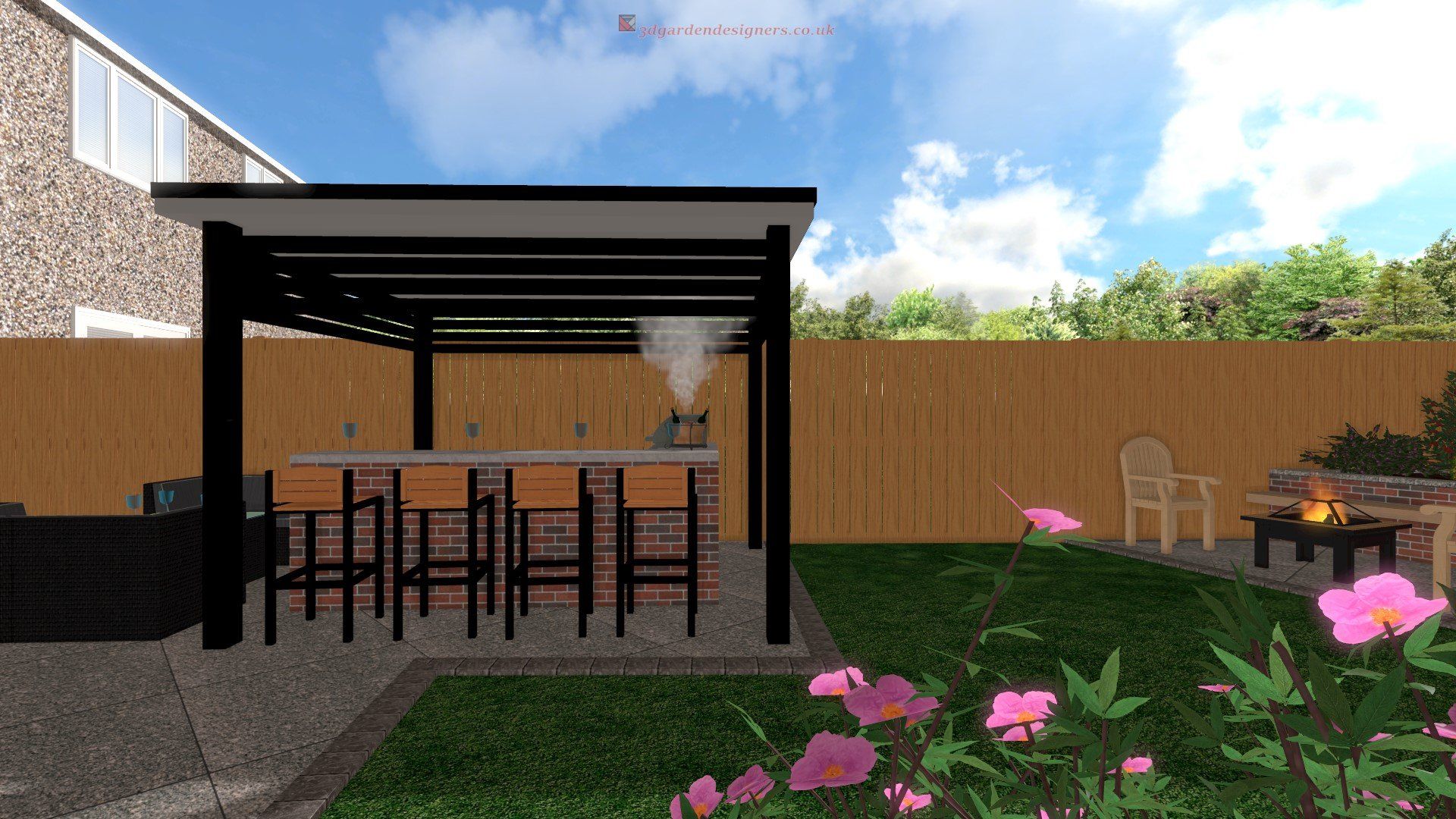 A computer generated image of a backyard with a pergola and a fire pit.