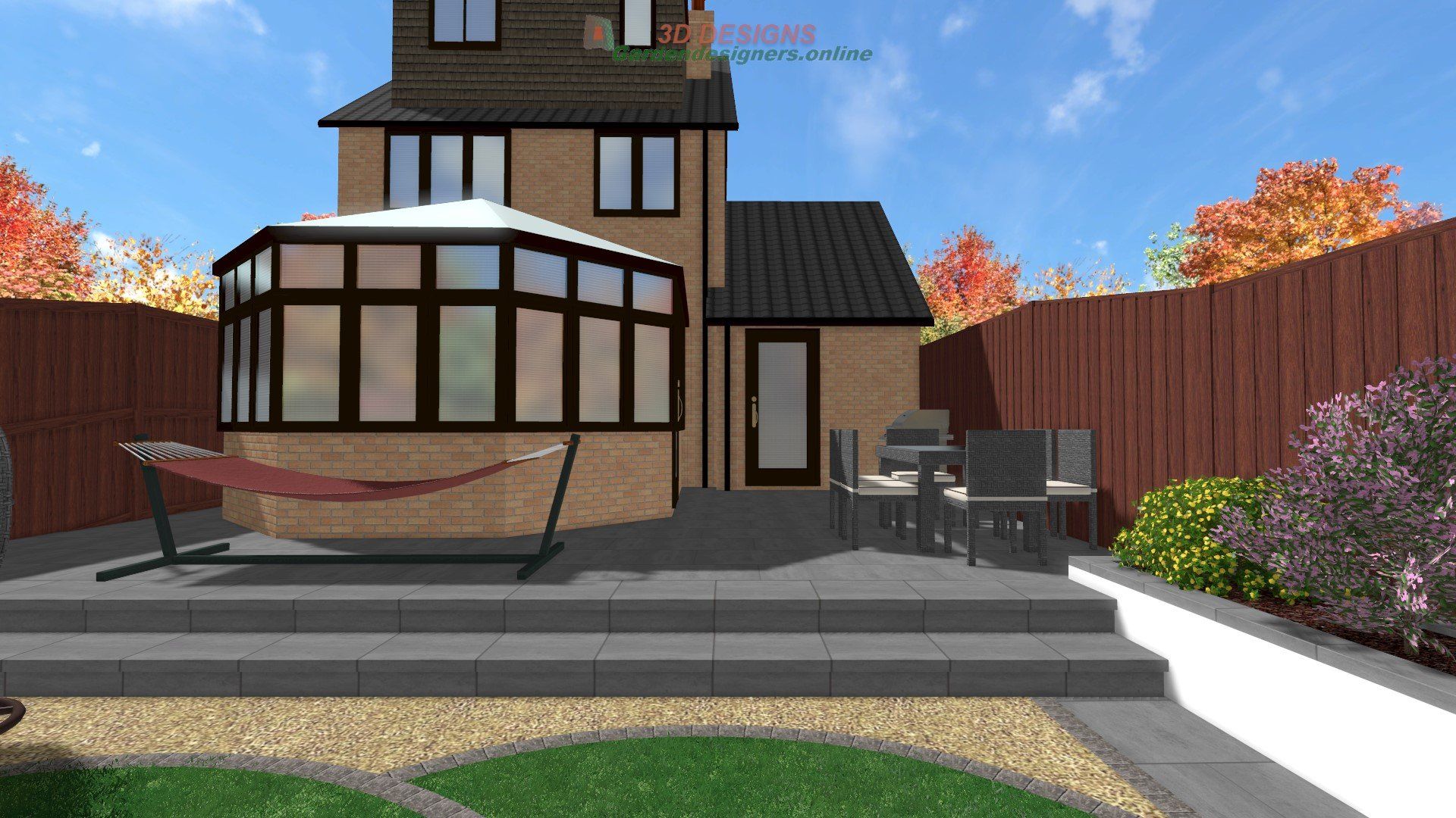 A computer generated image of a house with a patio and a hammock.