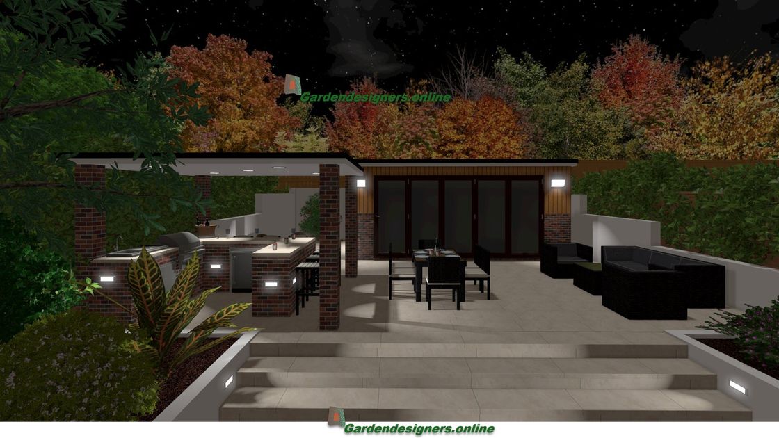 A computer generated image of a house at night