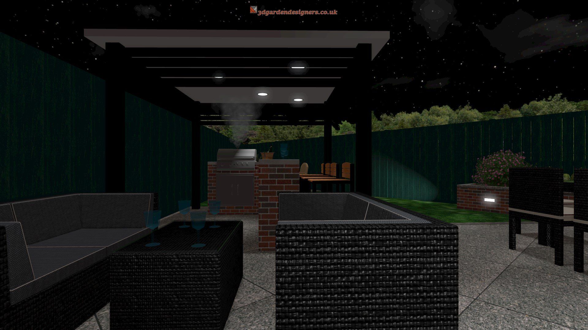 A 3d rendering of a backyard with a couch and table