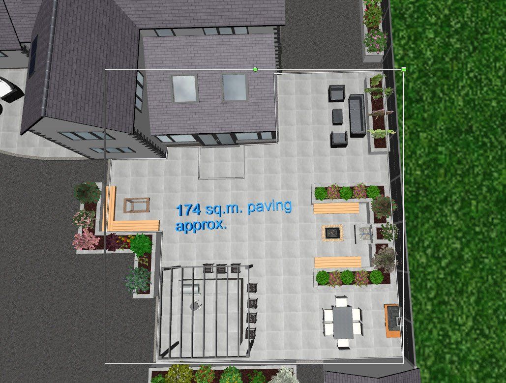 An aerial view of a house with 174 square feet