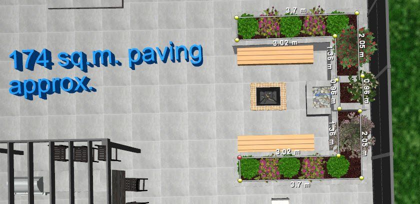 An aerial view of a patio with a lot of benches and plants.