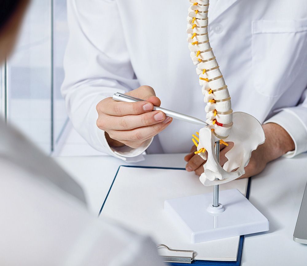 The doctor shows an intervertebral hernia on the spine.