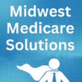 A logo for midwest medicare solutions with a man in a suit and tie