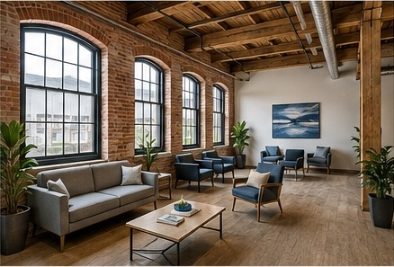 Bright loft lounge with sofas, chairs, large arched windows, brick walls, and a coffee table